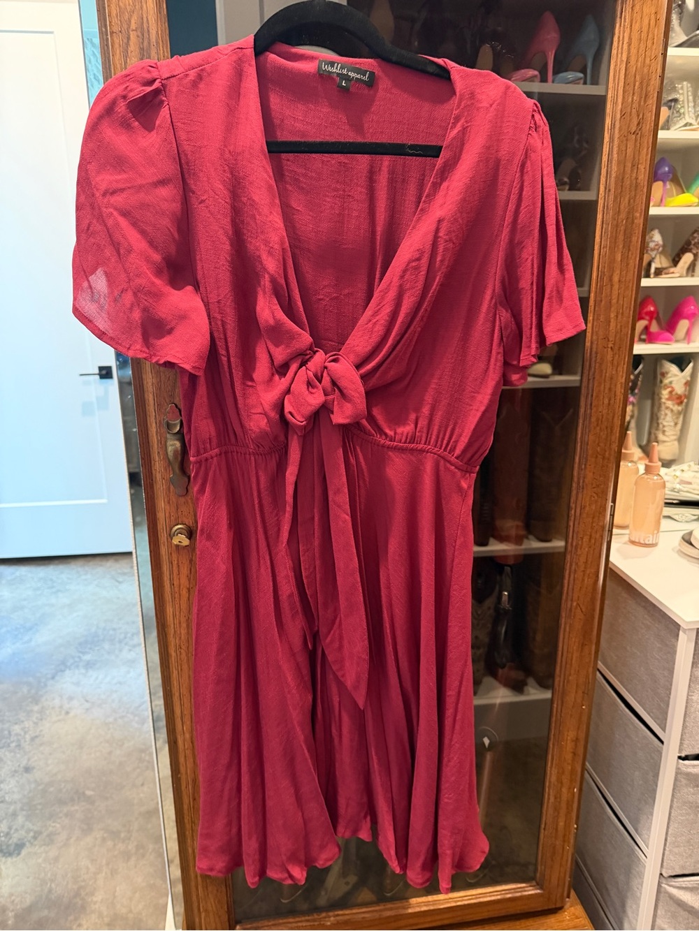 Tie-Front Short Sleeve Dress in Deep Raspberry/ Wine
